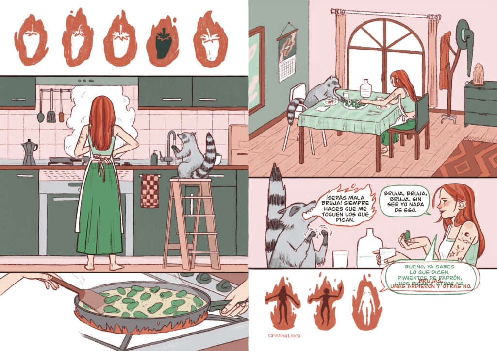 Cómic sobre una bruja, un mapache y pimientos de padrón para el Zotachi 5.