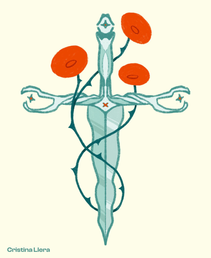 Dibujo de una espada rodeada de flores rojas con espinas.