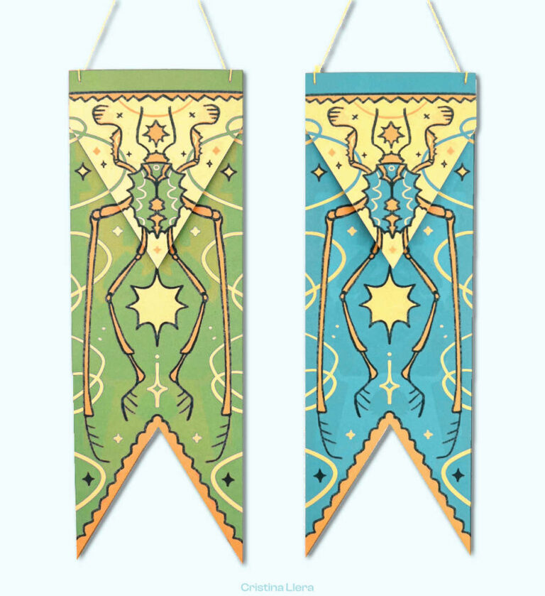 Banderas medievales ilustradas con escarabajos y estrellas