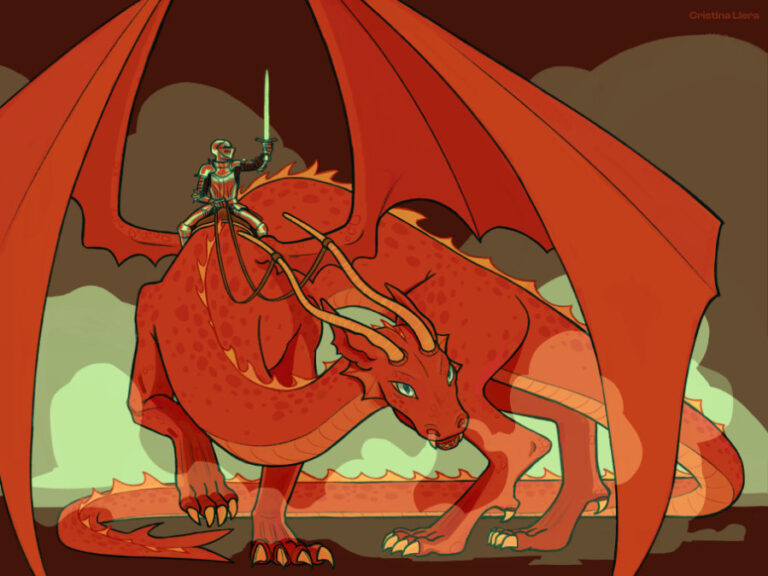 Dibujo de dragón medieval con un caballero con espada para el calendario ilustrado medieval 2026