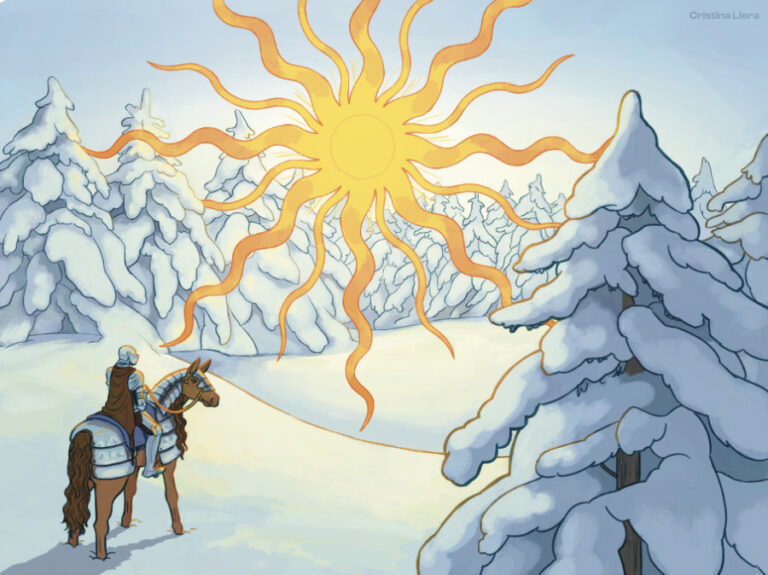 Ilustración de un caballero montado a caballo sobre un paisaje nevado iluminado por un sol medieval para el calendario ilustrado de fantasía medieval 2026.