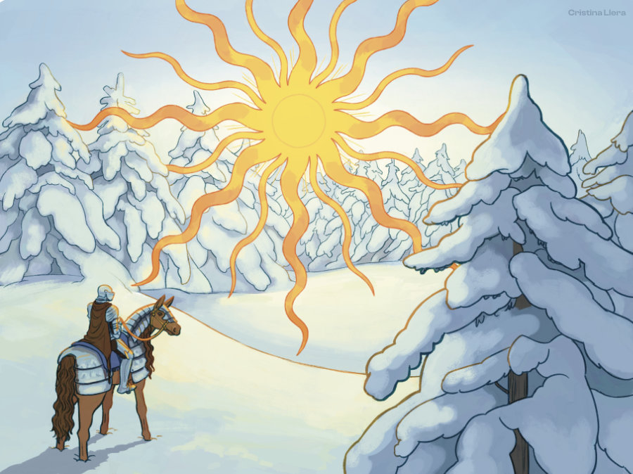 Ilustración de un caballero montado a caballo sobre un paisaje nevado iluminado por un sol medieval para el calendario ilustrado de fantasía medieval 2026.