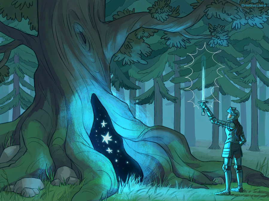 Ilustración digital de una caballera con una espada mágica frente a un árbol mágico para el mes de junio de un calendario ilustrado 2026