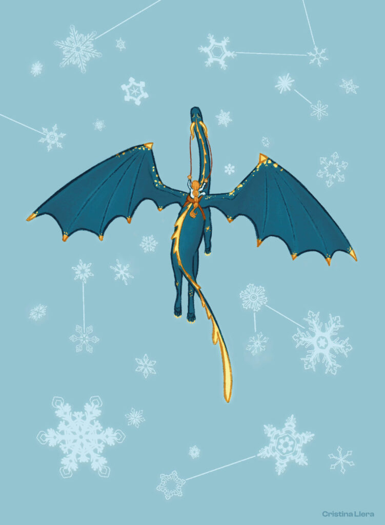Ilustración de un dragón con una jinete sobre un fondo azul con copos de nieve para la baraja De carta en carta de Carta Blanca.