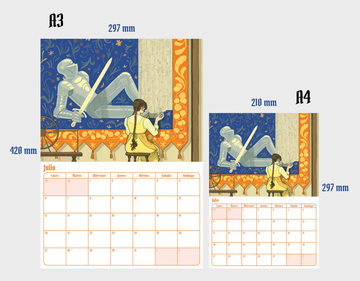 Calendario de pared ilustrado 2026 tamaño A3 y A4.