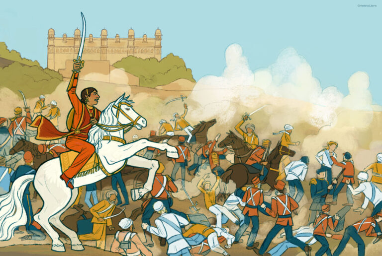 Ilustración de la reina india Lakshmibai en una batalla contra los ingleses