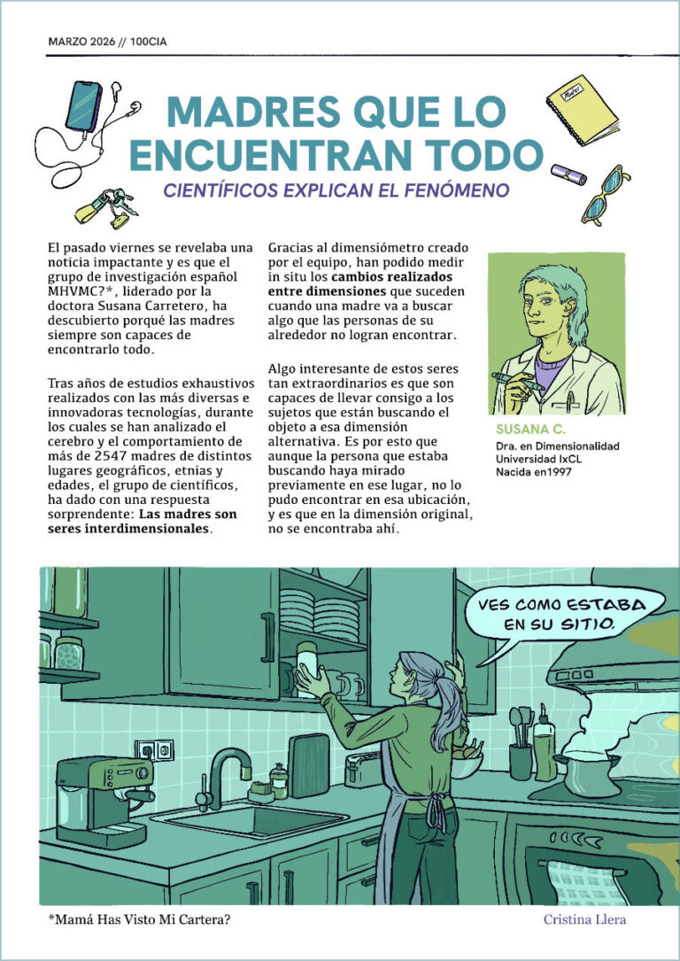 Artículo ficticio ilustrado que explica por qué las madres siempre saben donde están las cosas para el fanzine de Magia y Ciencia de Trazo Bruto