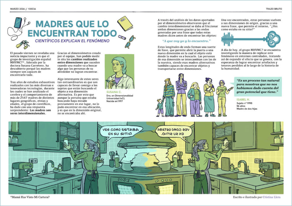 Artículo ficticio ilustrado que explica por qué las madres siempre saben donde están las cosas para el fanzine de Magia y Ciencia de Trazo Bruto